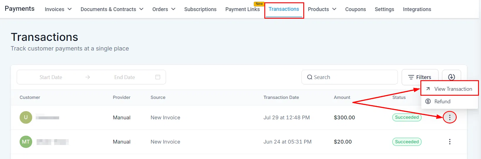 Growth360 - view transaction