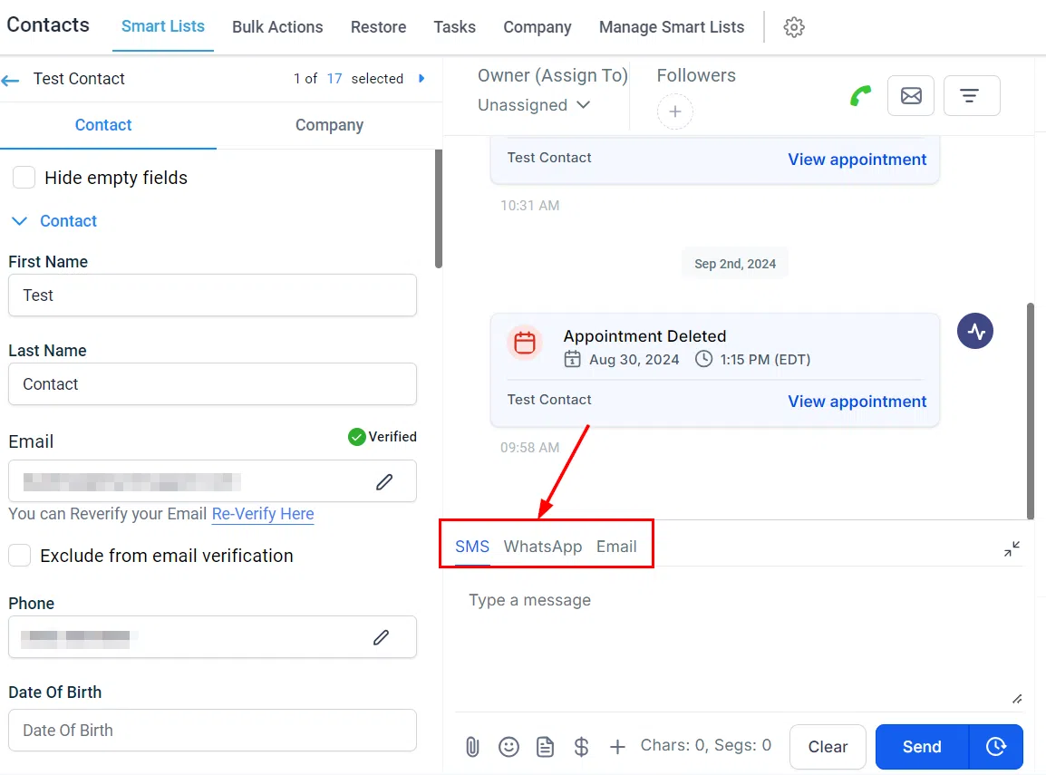 Growth360 Contact Details - select message channel