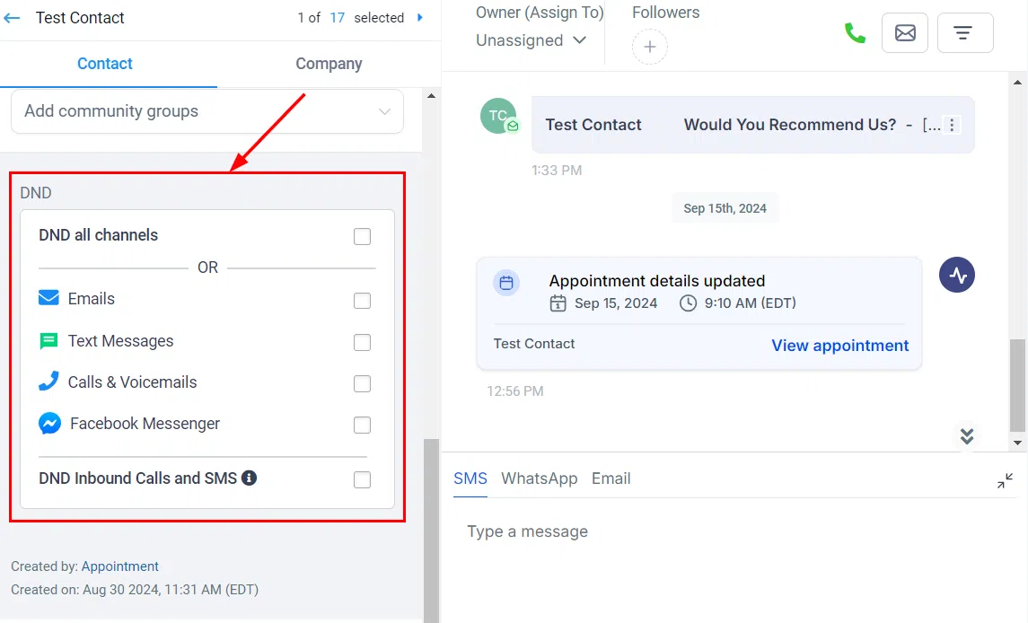 Growth360 Contact Details - do not disturb settings