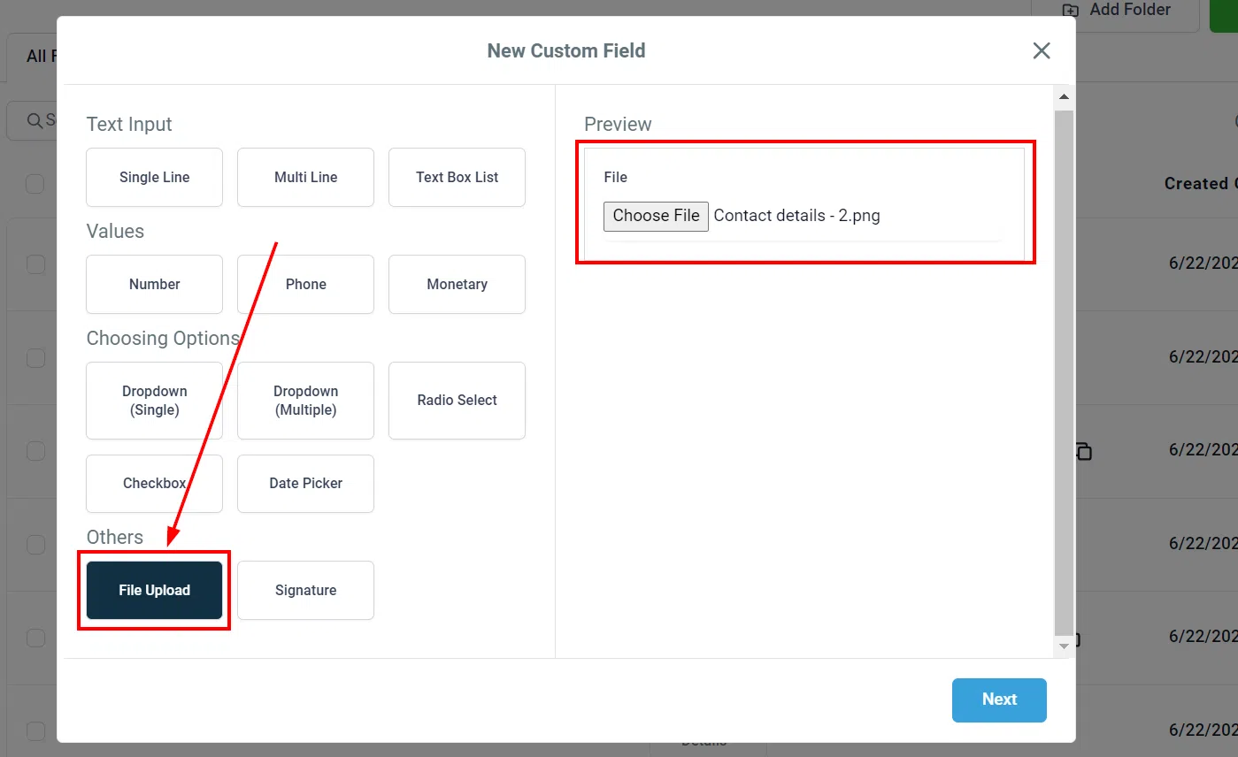 Growth360 Contact Files - select file upload field type