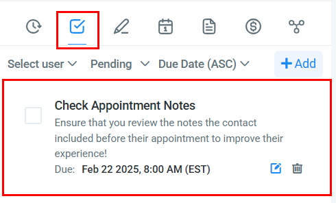 Growth360 Contact Information Panel - tasks tab