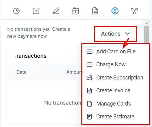 Growth360 Contact Information Panel - payment actions menu