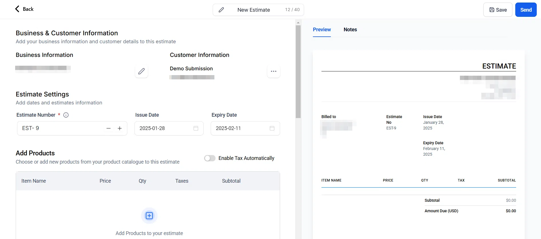 Growth360 Contact Information Panel - create estimate