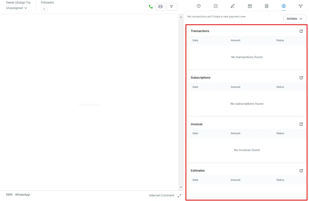 Growth360 Contact Information Panel - transactions subscriptions invoices tabs