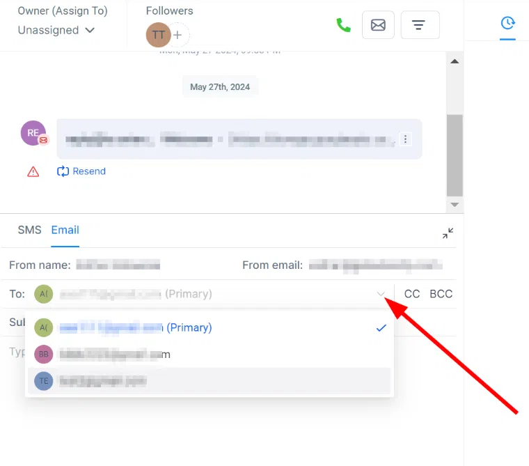 Growth360 Contact - select email to send to