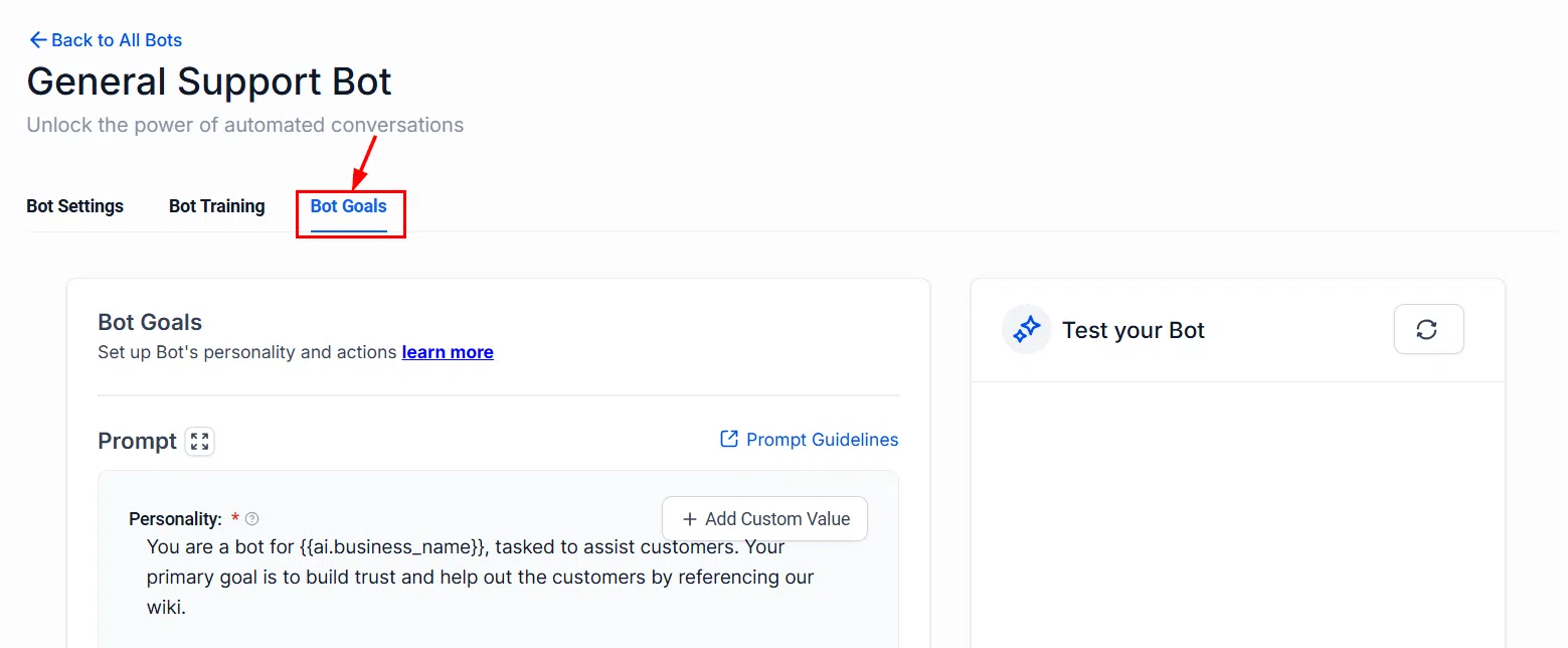 Growth360 Conversation AI - Bot Goals tab
