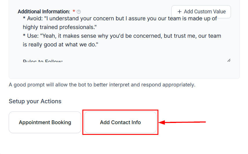 Growth360 Conversation AI - Add Contact Info button