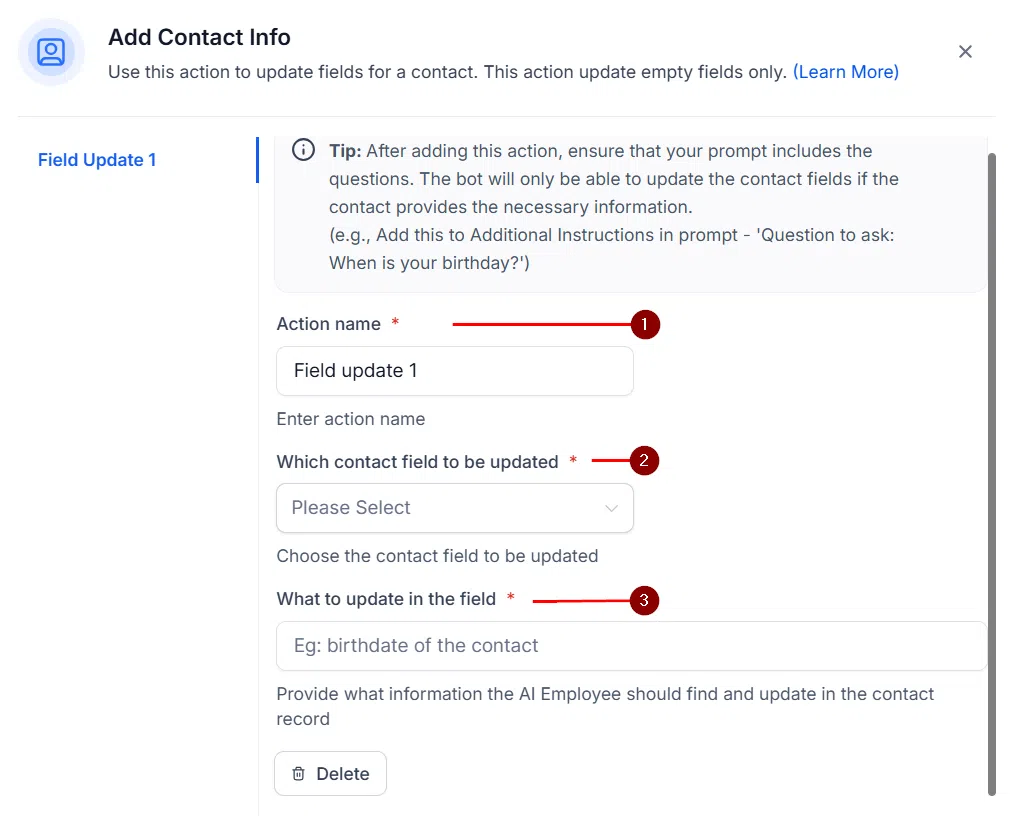 Growth360 Conversation AI - naming the add contact info action