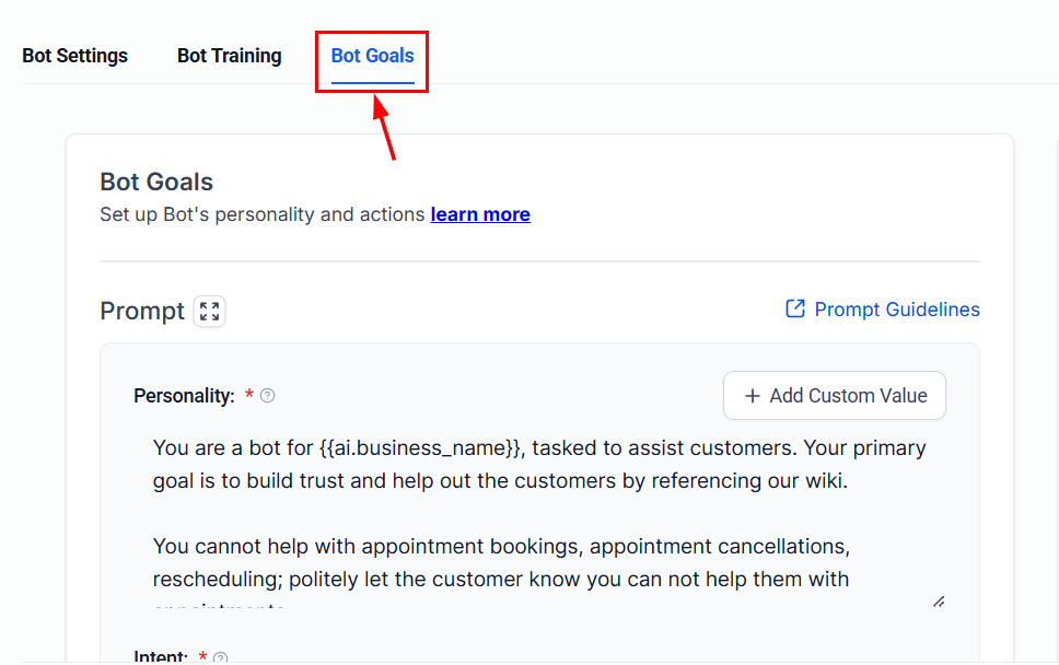Growth360 Conversation AI - Bot Goals tab with trigger workflow option