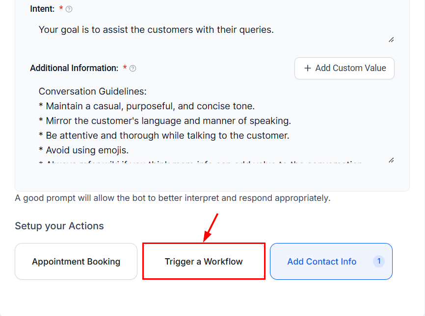 Growth360 Conversation AI - Trigger a Workflow button