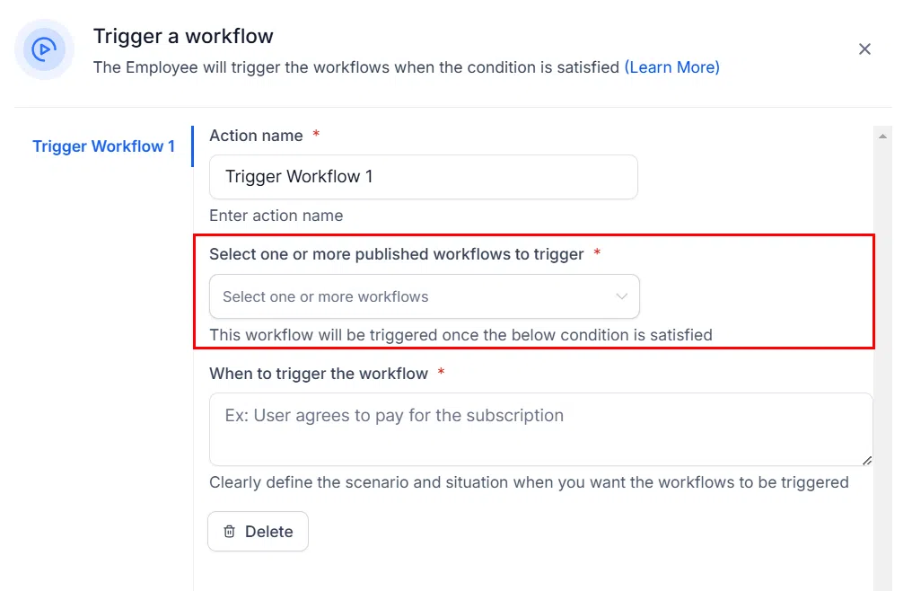 Growth360 Conversation AI - selecting the workflow to trigger
