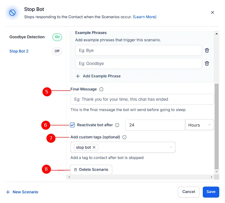 Growth360 Conversation AI - configuring stop bot trigger and message