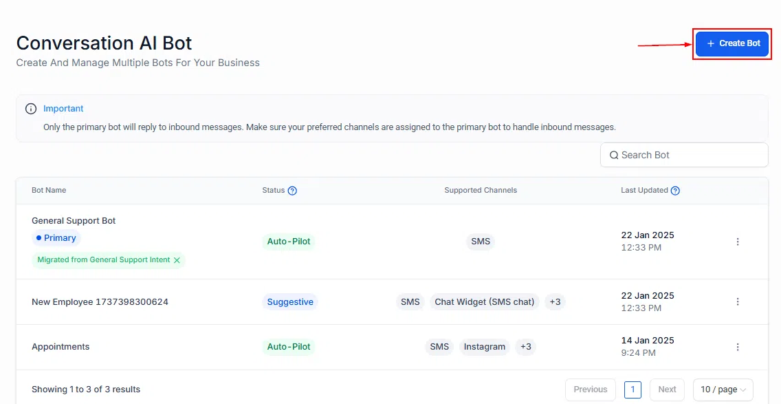 Growth360 Conversation AI - bot management interface