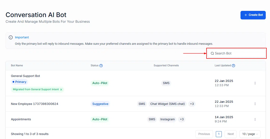 Growth360 Conversation AI - bot search and table view