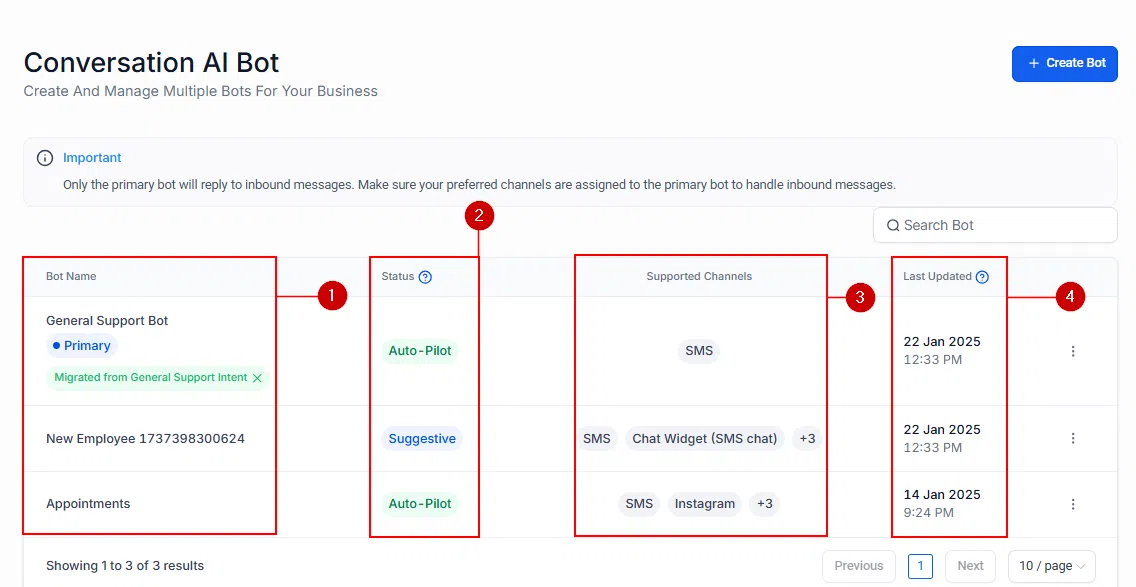 Growth360 Conversation AI - bot action menu options