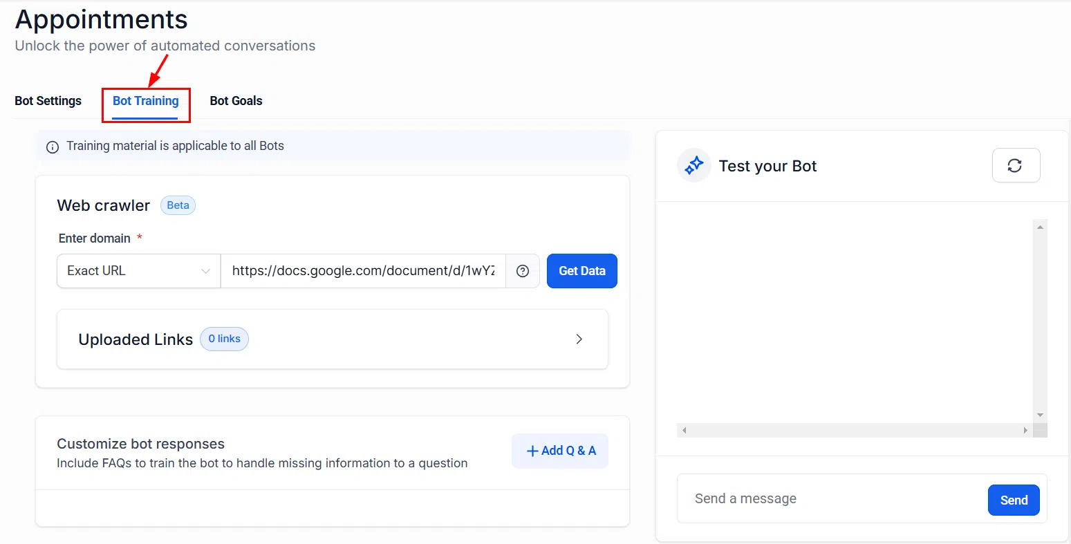 Growth360 Conversation AI - bot training tab
