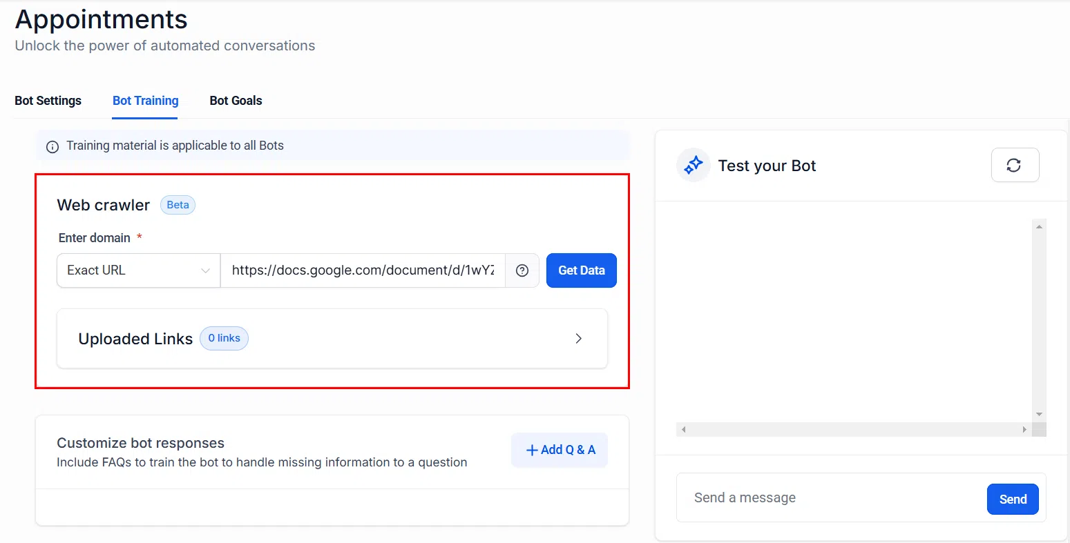 Growth360 Conversation AI - web crawler configuration