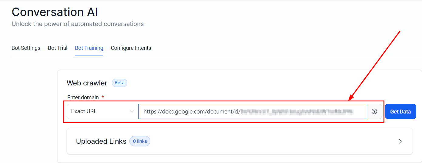 Growth360 Conversation AI - entering Google Docs exact URL