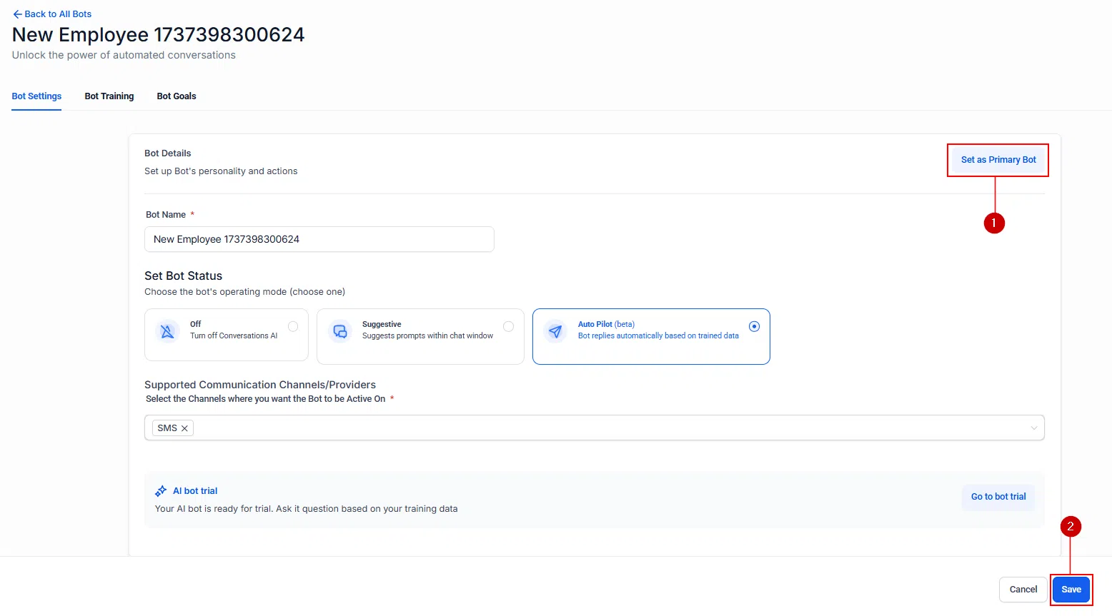 Growth360 Conversation AI - setting primary bot