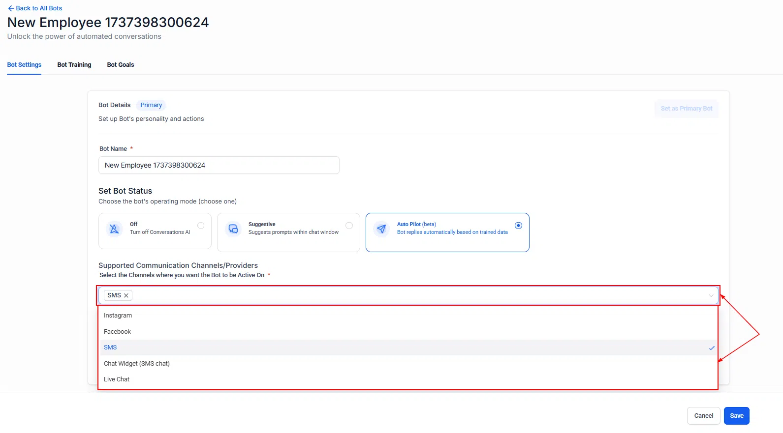 Growth360 Conversation AI - non-primary bot channel settings