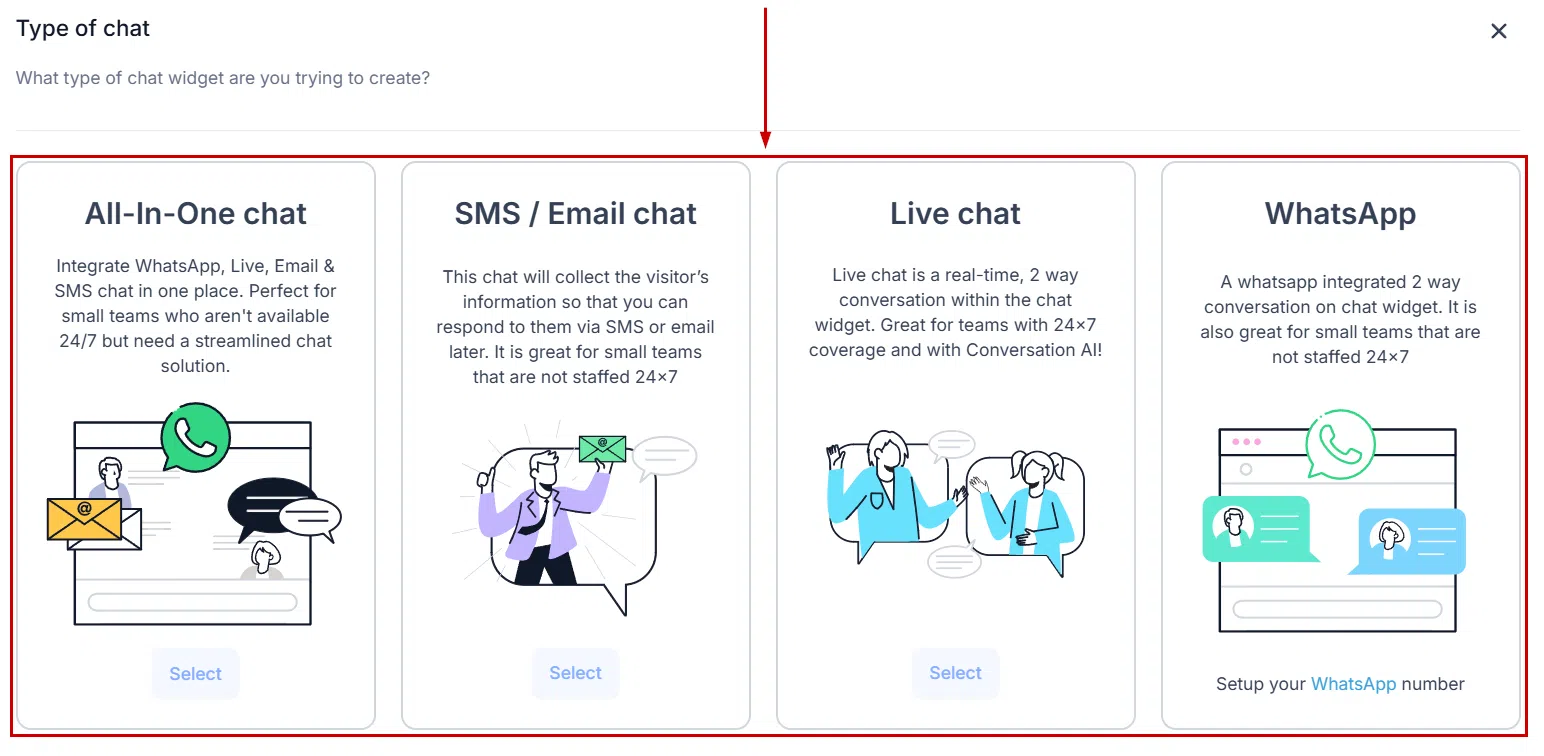 Growth360 Chat Widget - selecting widget type