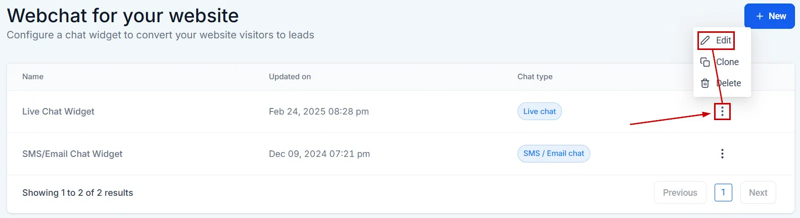 Growth360 Chat Widget - widget type selection screen