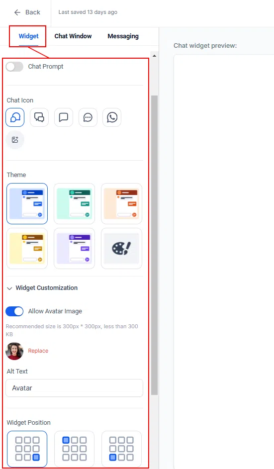 Growth360 Chat Widget - customisation screen