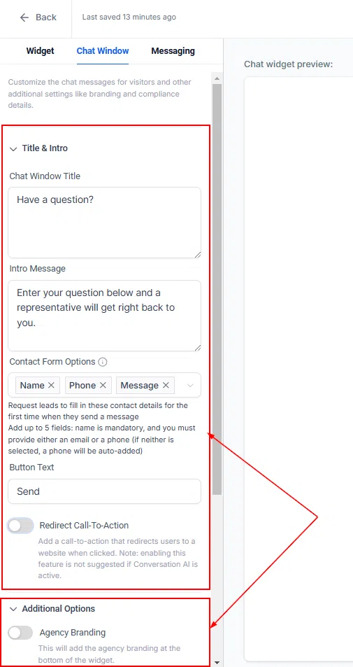 Growth360 Chat Widget - additional widget settings