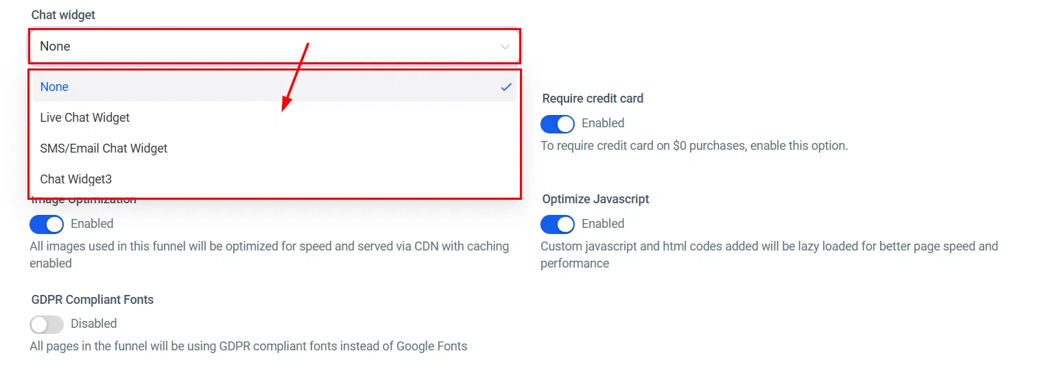 Growth360 Chat Widget - selecting widget from dropdown