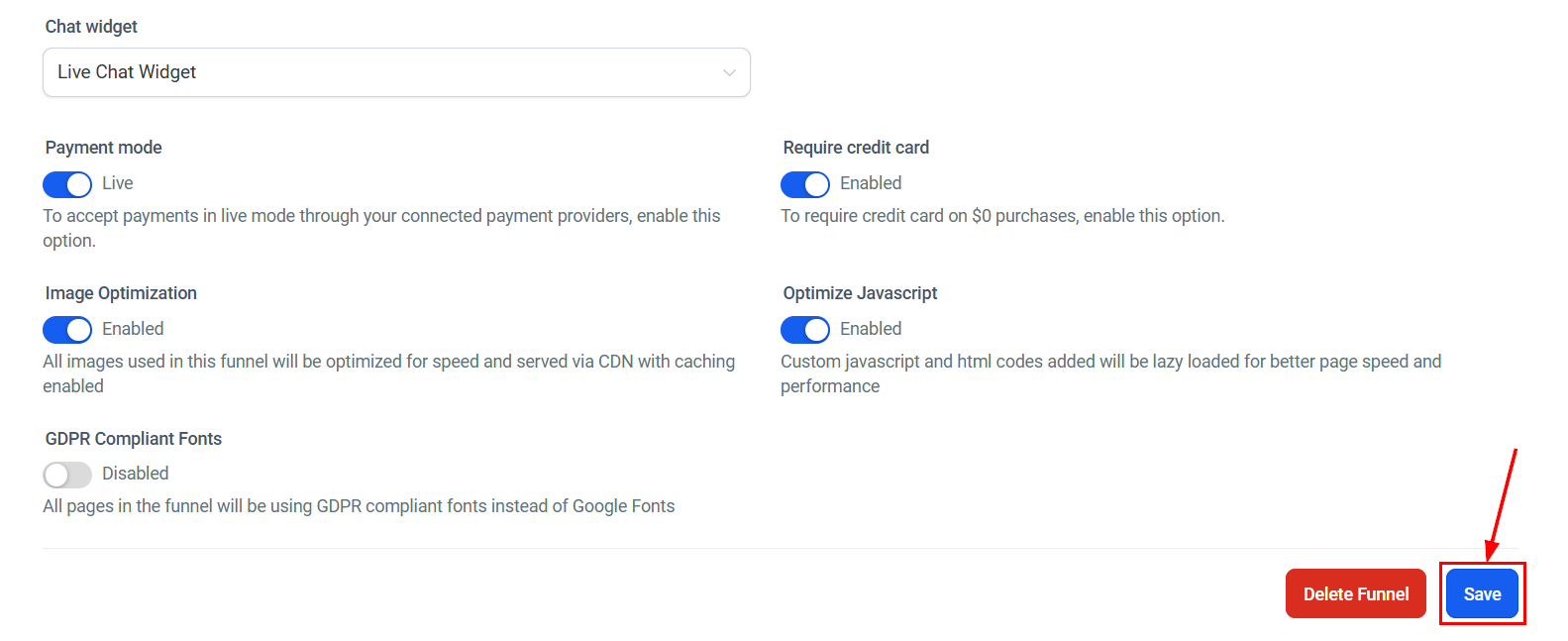 Growth360 Chat Widget - saving widget to funnel