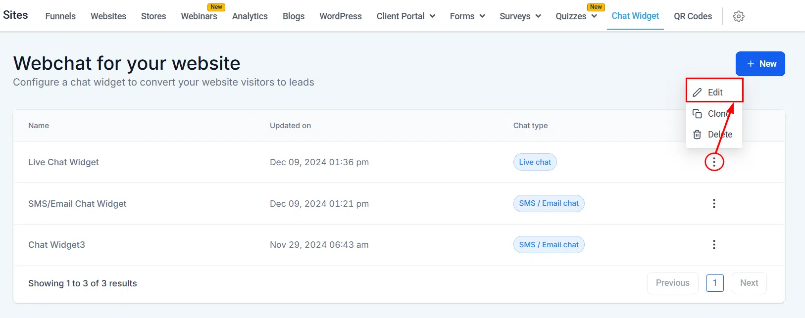 Growth360 Chat Widget - opening page in funnel editor