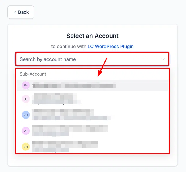 Growth360 Chat Widget - selecting Growth360 account