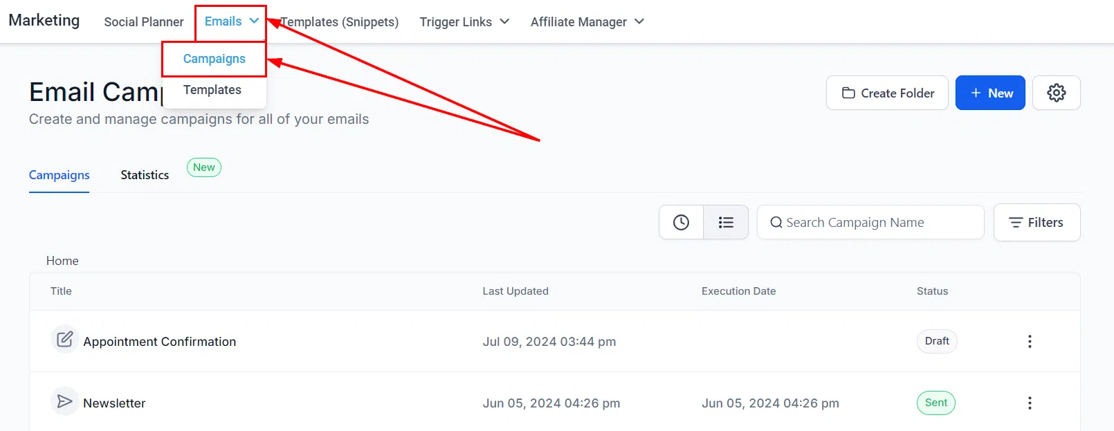 Growth360 Email Campaigns - campaign list
