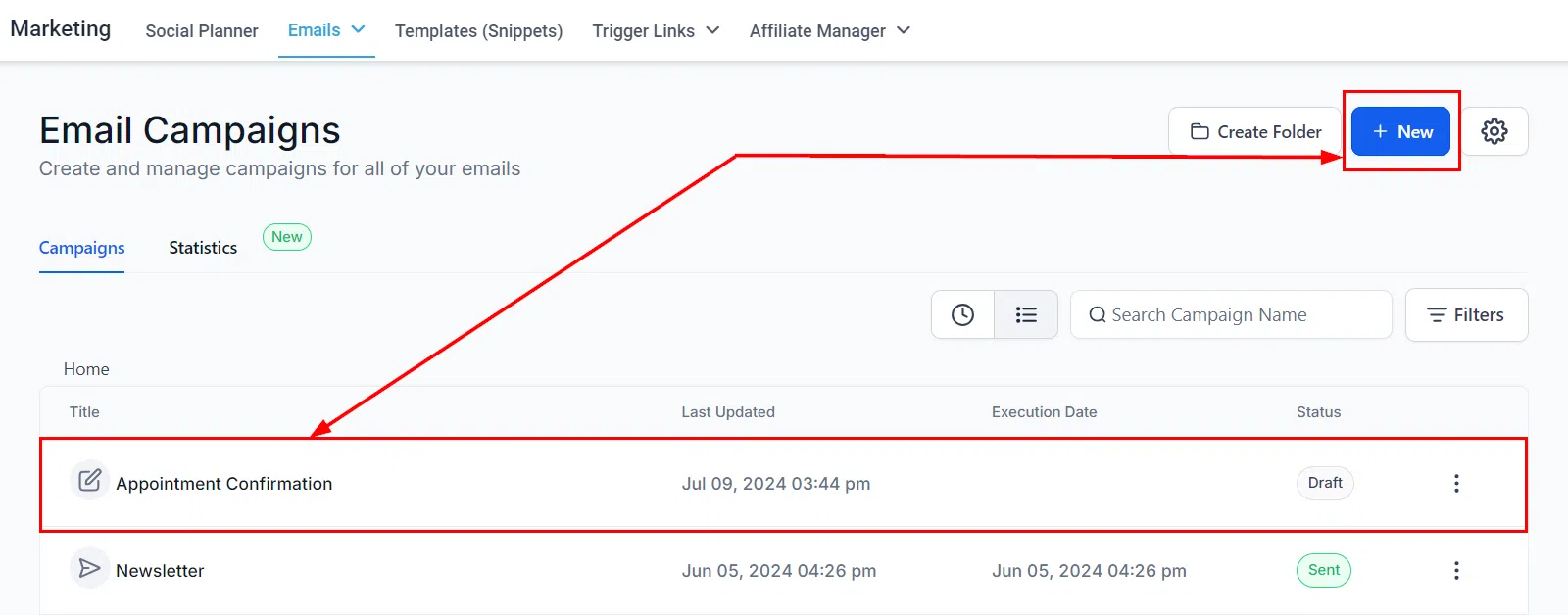Growth360 Email Campaigns - new or draft campaign