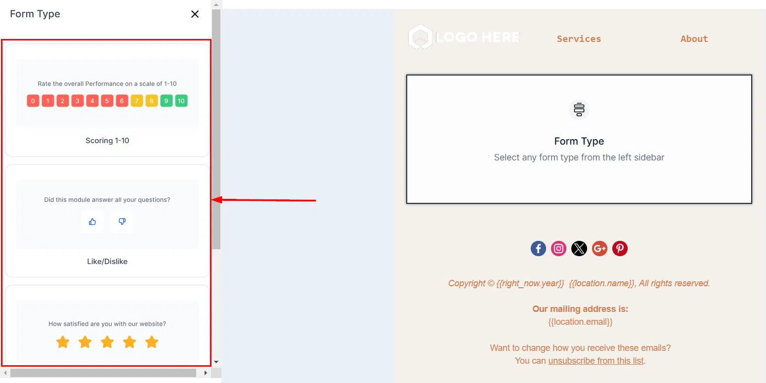Growth360 Form Element - form type selection