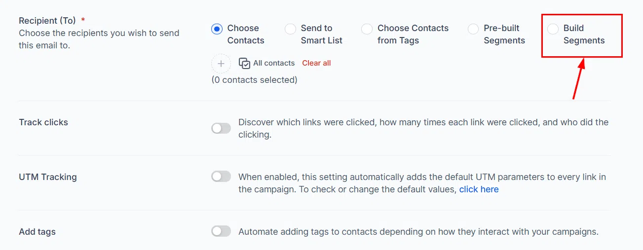 Growth360 Email Campaign - Build Segments option in recipient field