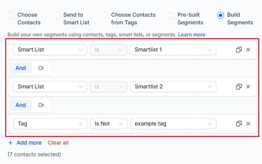 Growth360 Build Segments - example conditions