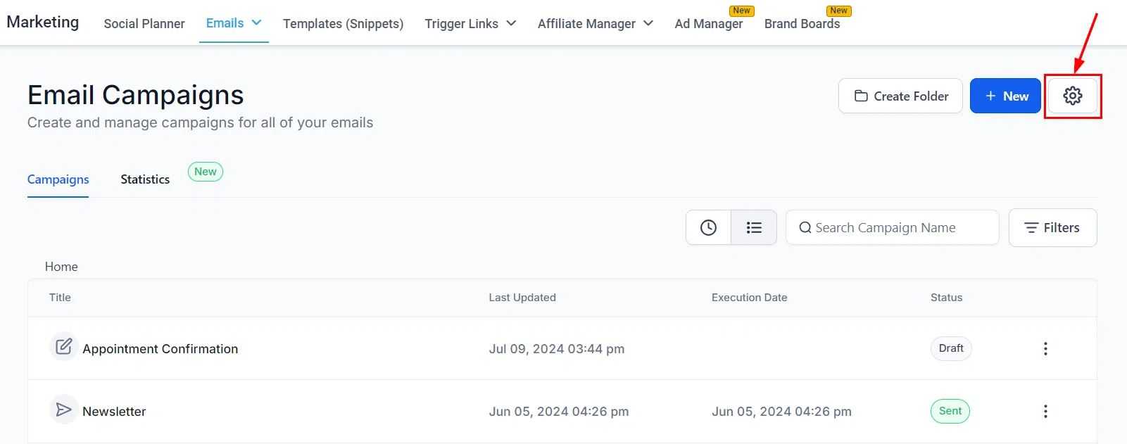Growth360 Email Campaign Settings - gear icon