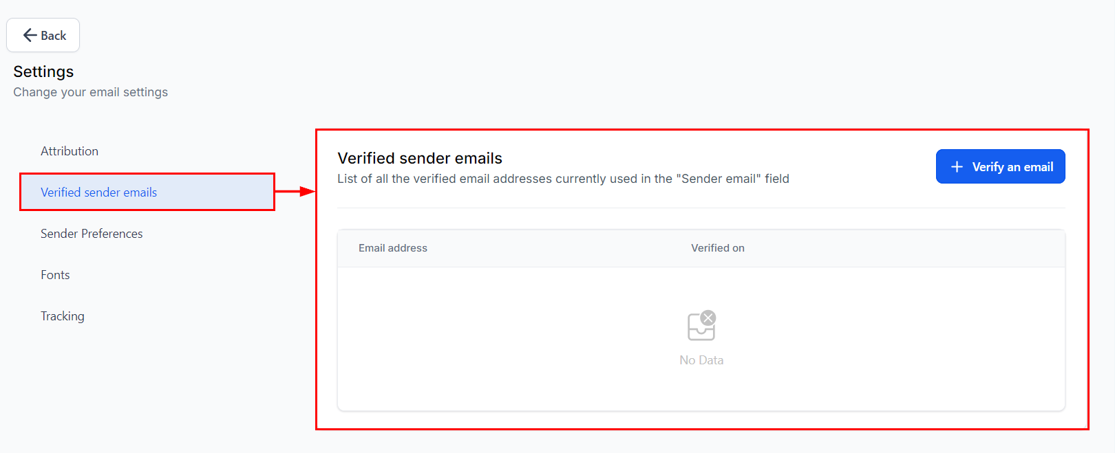 Growth360 Email Campaign Settings - Sender Emails section