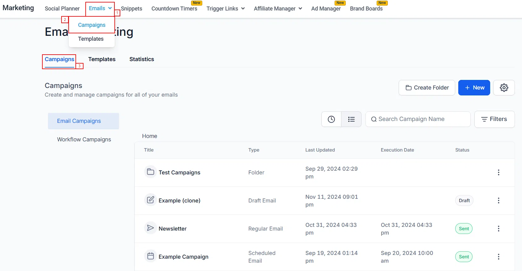 Growth360 Email Campaigns - main campaigns screen