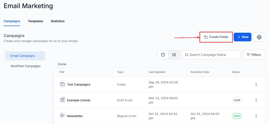 Growth360 Email Campaigns - create folder