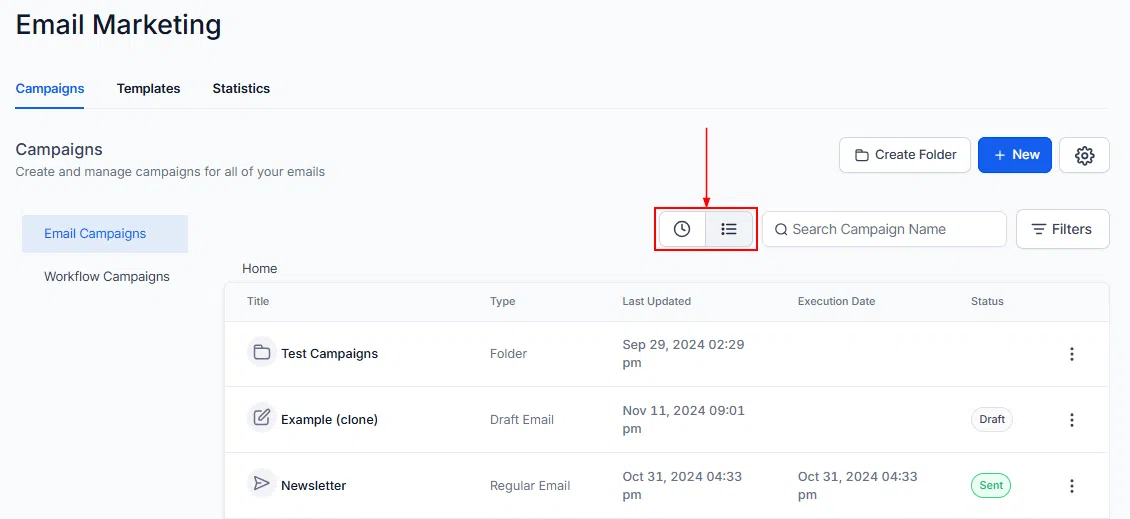 Growth360 Email Campaigns - view toggle