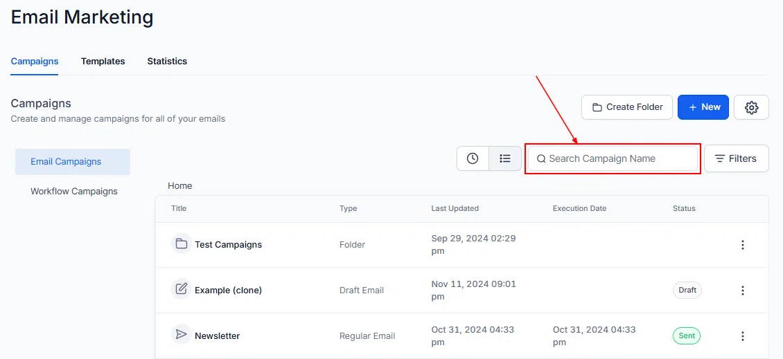 Growth360 Email Campaigns - status filters