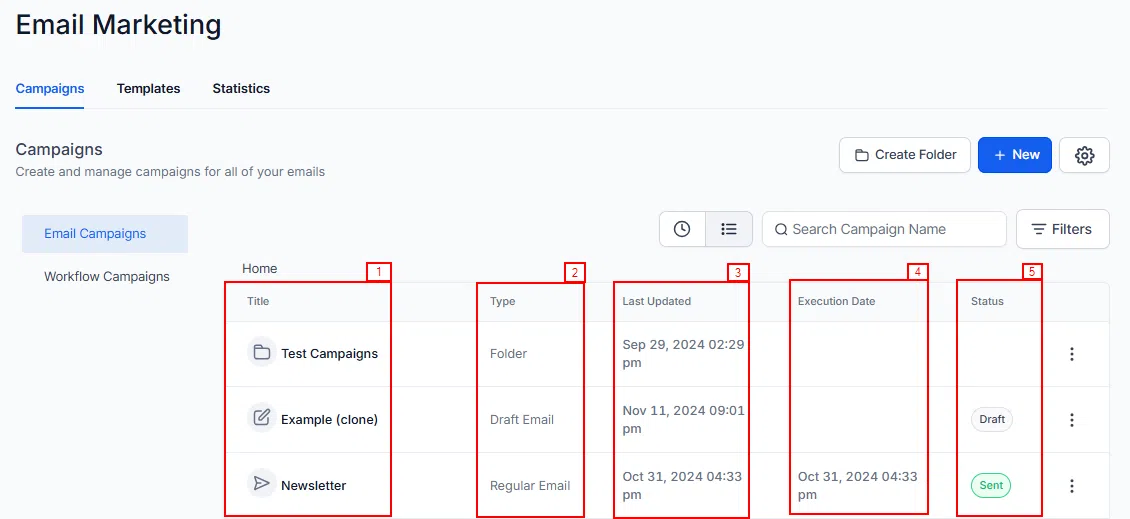Growth360 Email Campaigns - actions menu