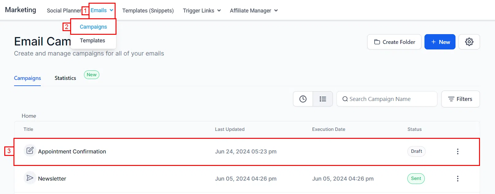 Growth360 Email Campaigns - campaign list