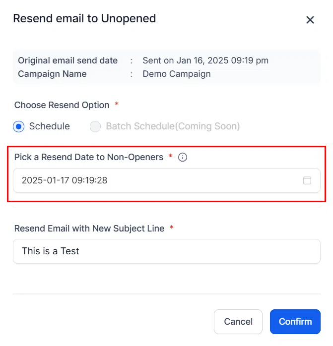 Growth360 Email Campaign - resend date picker