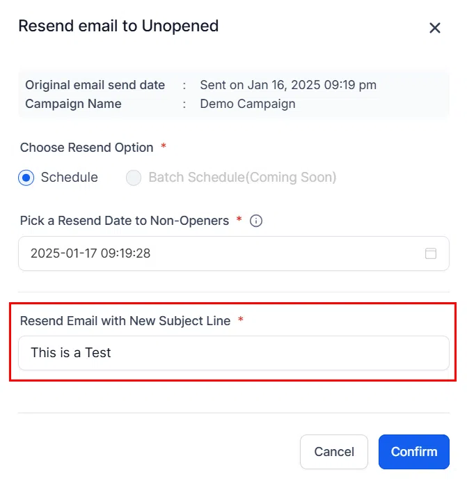 Growth360 Email Campaign - resend subject line field