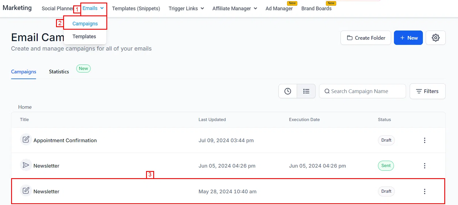 Growth360 Email Campaigns - campaign list