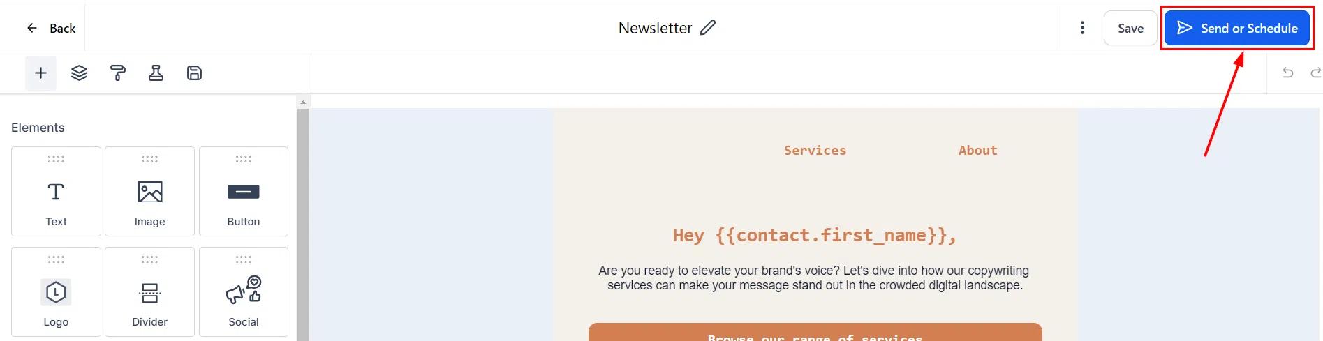 Growth360 Email Campaigns - Send or Schedule button