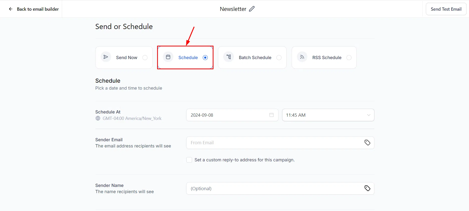 Growth360 Email Campaigns - Schedule option